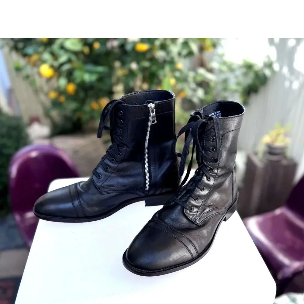 Straight to Hell Division Black 100% Leather Combat Boots SZ 9.5 Silver Side Zip